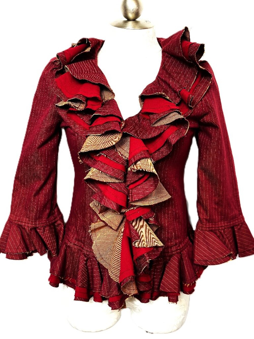 Janice Nelli Red Denim Pinstripe Ruffle Jacket Y2K  VTG  Sz Med NWT